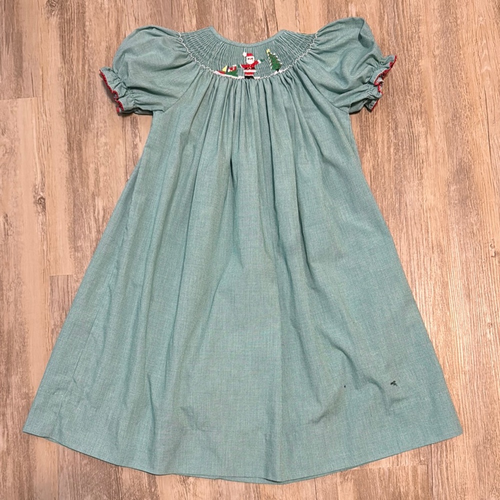 Amanda Remembered Hand smocked Santa Christmas Bishop Dress Green Check Sz 5 GUC